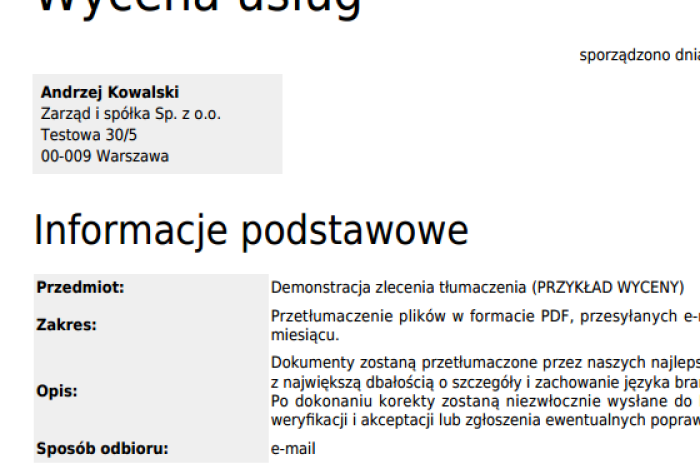 Aktualizacja – generowanie wycen